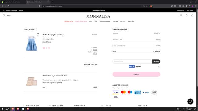 Monnalisa checkout page showing Monnalisa promo code box | Screenshot taken by SimplyCodes community member on Jul 2, 2025