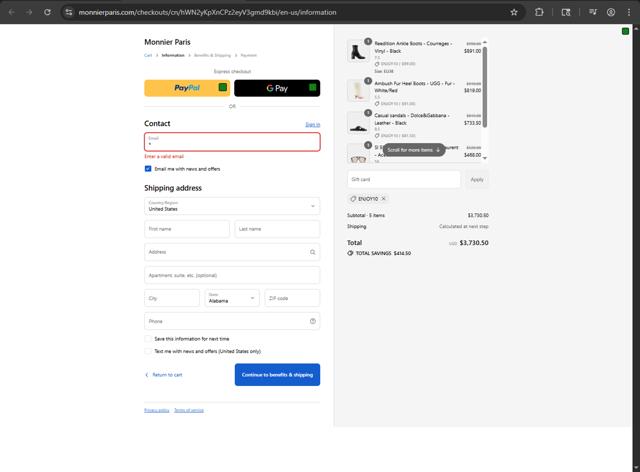 Monnier Paris checkout page showing Monnier Paris discount code box | Screenshot taken by SimplyCodes community member on Sep 14, 2025