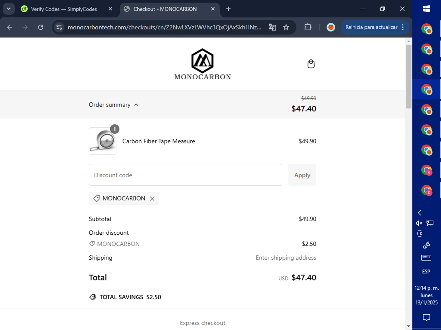 Monocarbon promo code screenshot showing code MONOCARBON applied at Monocarbon checkout page. Uploaded by SimplyCodes community member GoldPilot5958 on Jan 13, 2025