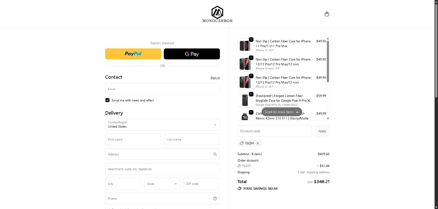 Monocarbon checkout page showing Monocarbon promo code box | Screenshot taken by SimplyCodes community member on Jan 7, 2026