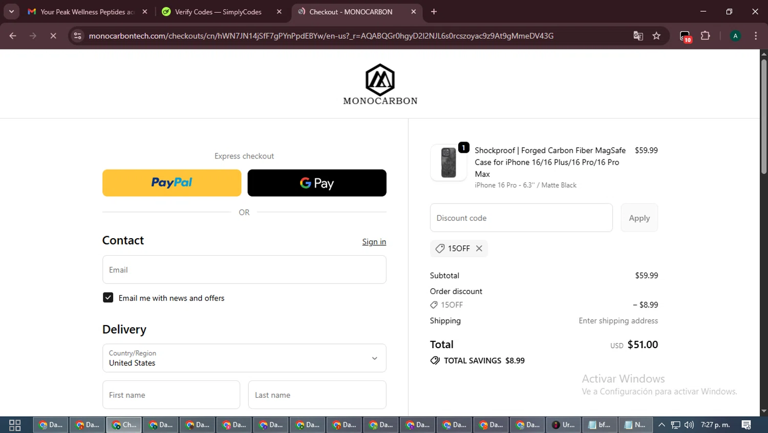Monocarbon checkout page showing Monocarbon promo code box | Screenshot taken by SimplyCodes community member on Jan 6, 2026