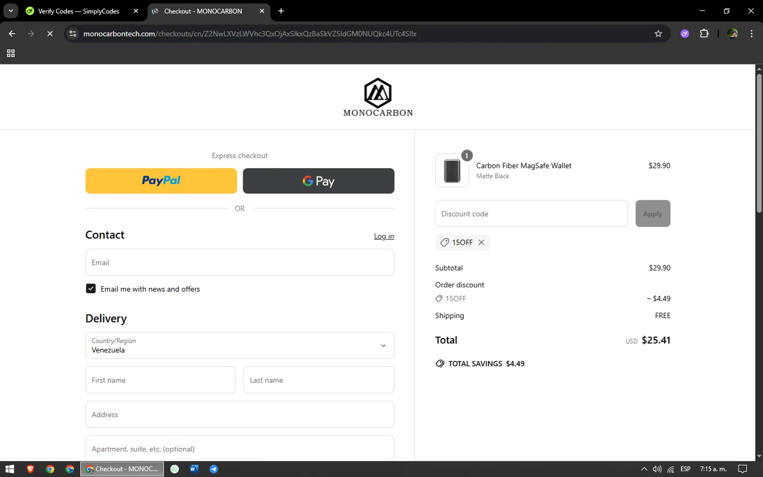 Monocarbon promo code screenshot showing code 15OFF applied at Monocarbon checkout page. Uploaded by SimplyCodes community member yonaiker on Jun 18, 2025