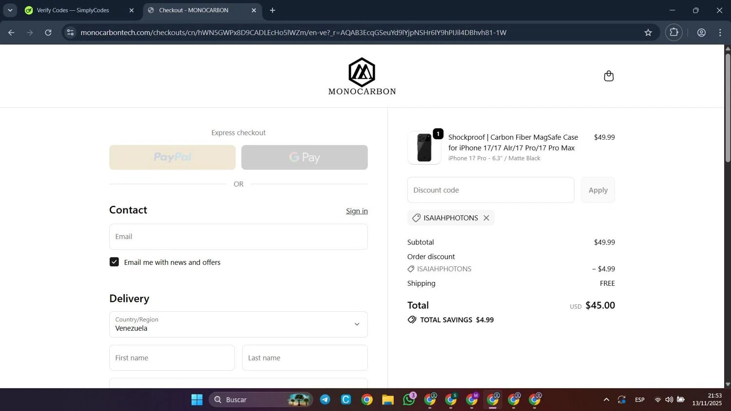Monocarbon promo code screenshot showing code ISAIAHPHOTONS applied at Monocarbon checkout page. Uploaded by SimplyCodes community member CleverFalcon6244 on Nov 14, 2025
