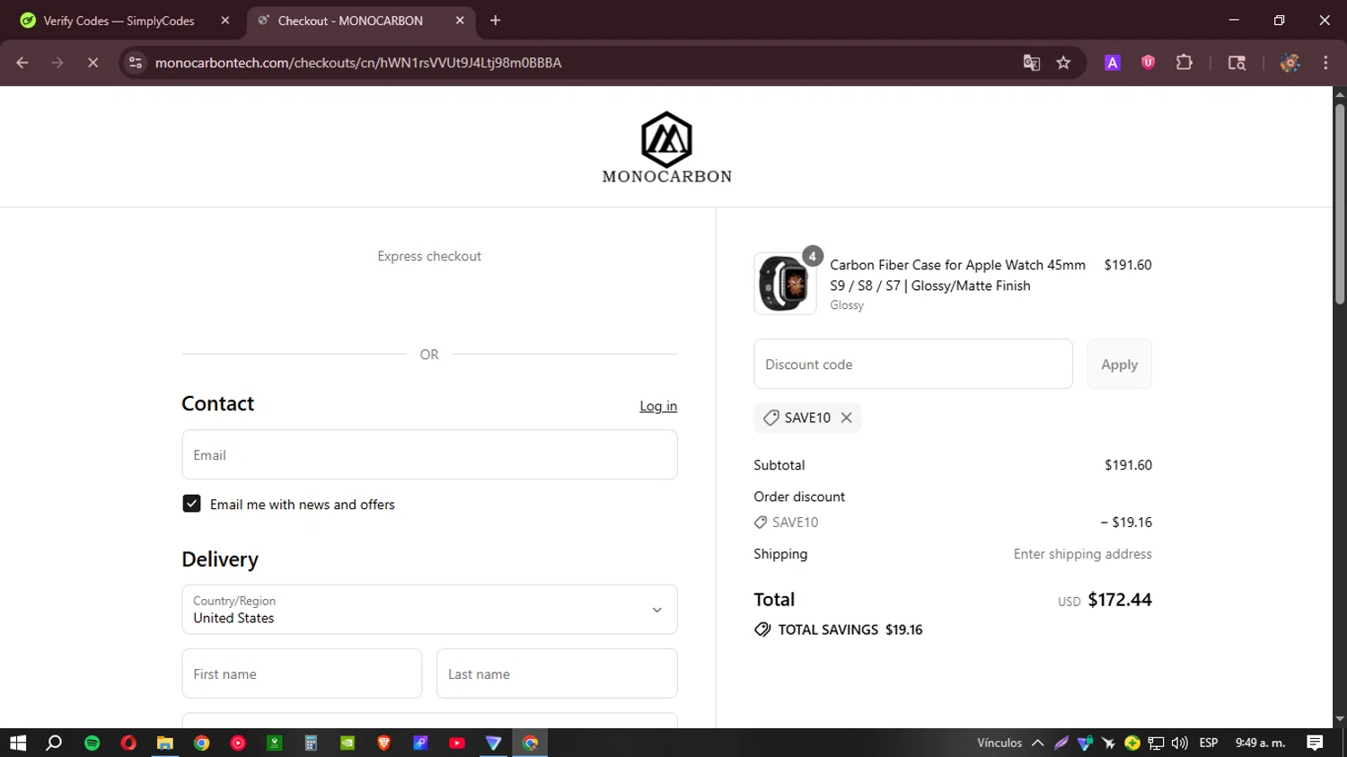 Monocarbon promo code screenshot showing code SAVE10 applied at Monocarbon checkout page. Uploaded by SimplyCodes community member BudgetHunter9184 on Aug 16, 2025
