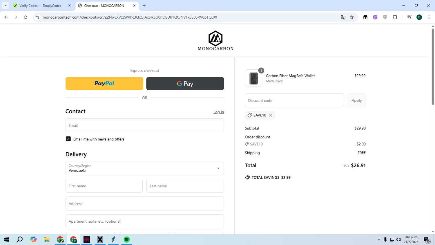 Monocarbon promo code screenshot showing code SAVE10 applied at Monocarbon checkout page. Uploaded by SimplyCodes community member Juanse on Jun 21, 2025