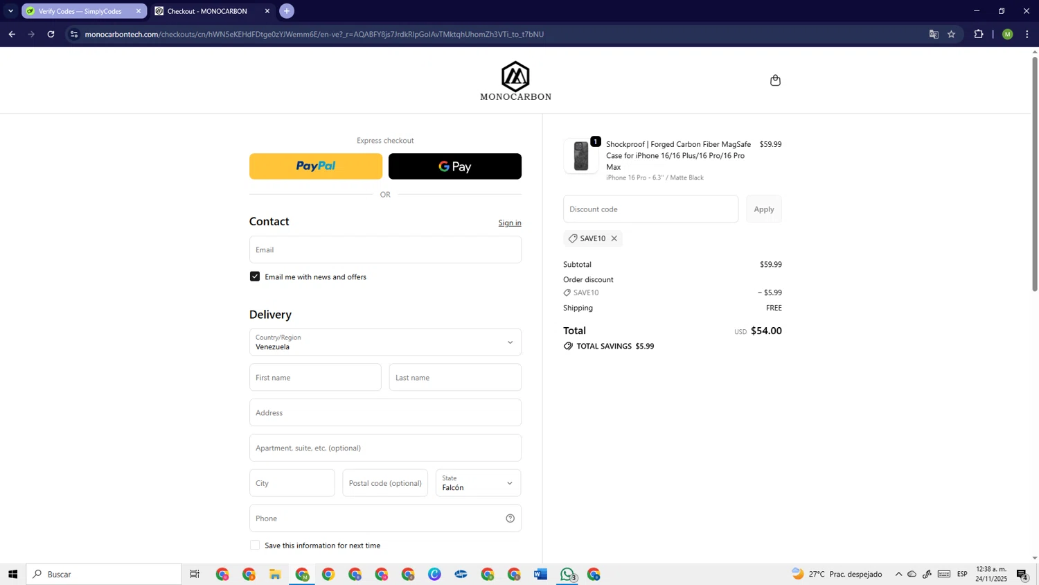 Monocarbon promo code screenshot showing code SAVE10 applied at Monocarbon checkout page. Uploaded by SimplyCodes community member PrimeSage6924 on Nov 24, 2025