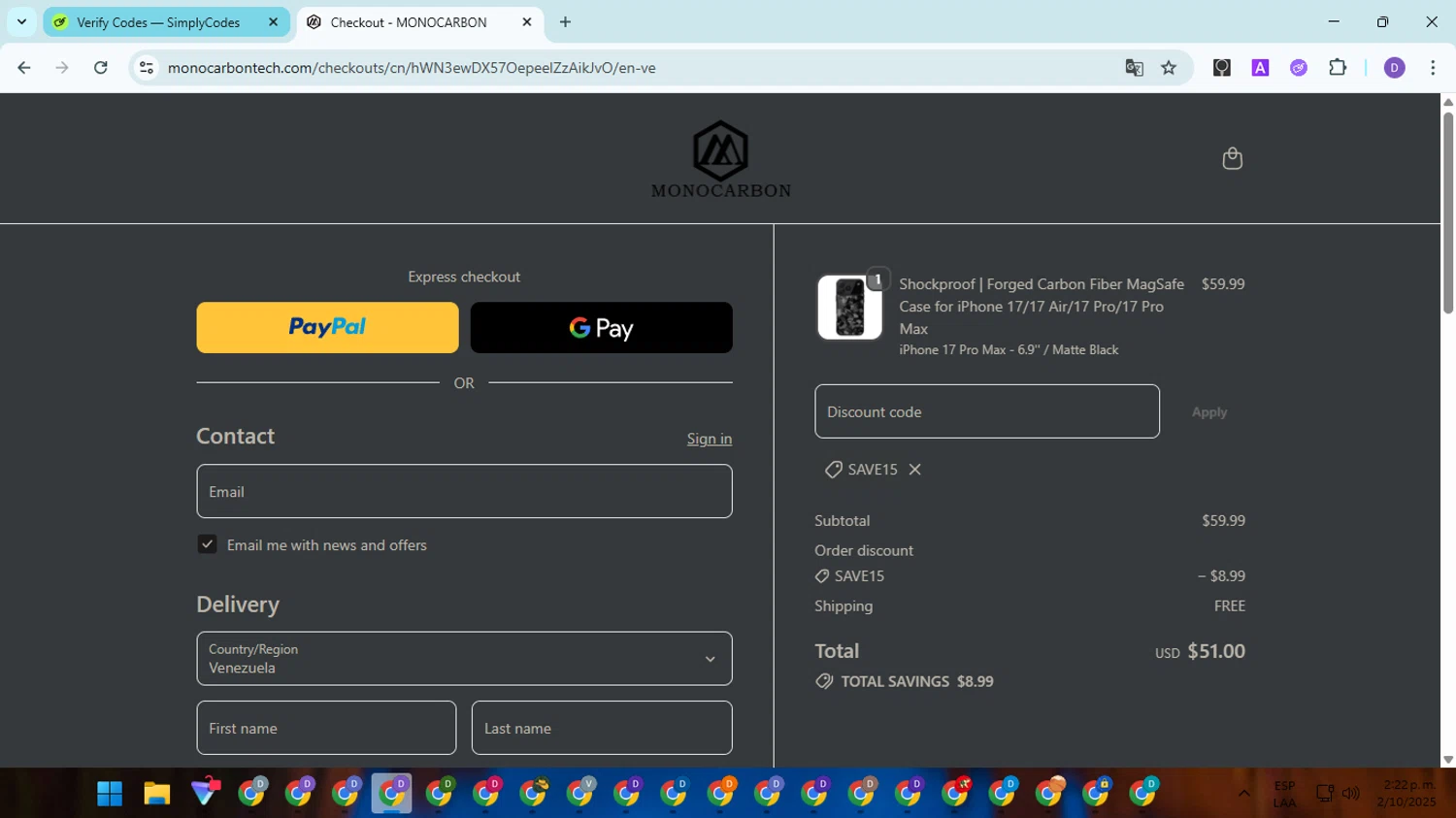 Monocarbon promo code screenshot showing code SAVE15 applied at Monocarbon checkout page. Uploaded by SimplyCodes community member SavingsGuardian5156 on Oct 2, 2025