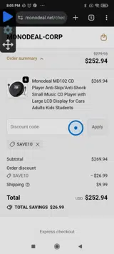 SAVE10 coupon verification screenshot