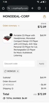 mono20 coupon verification screenshot