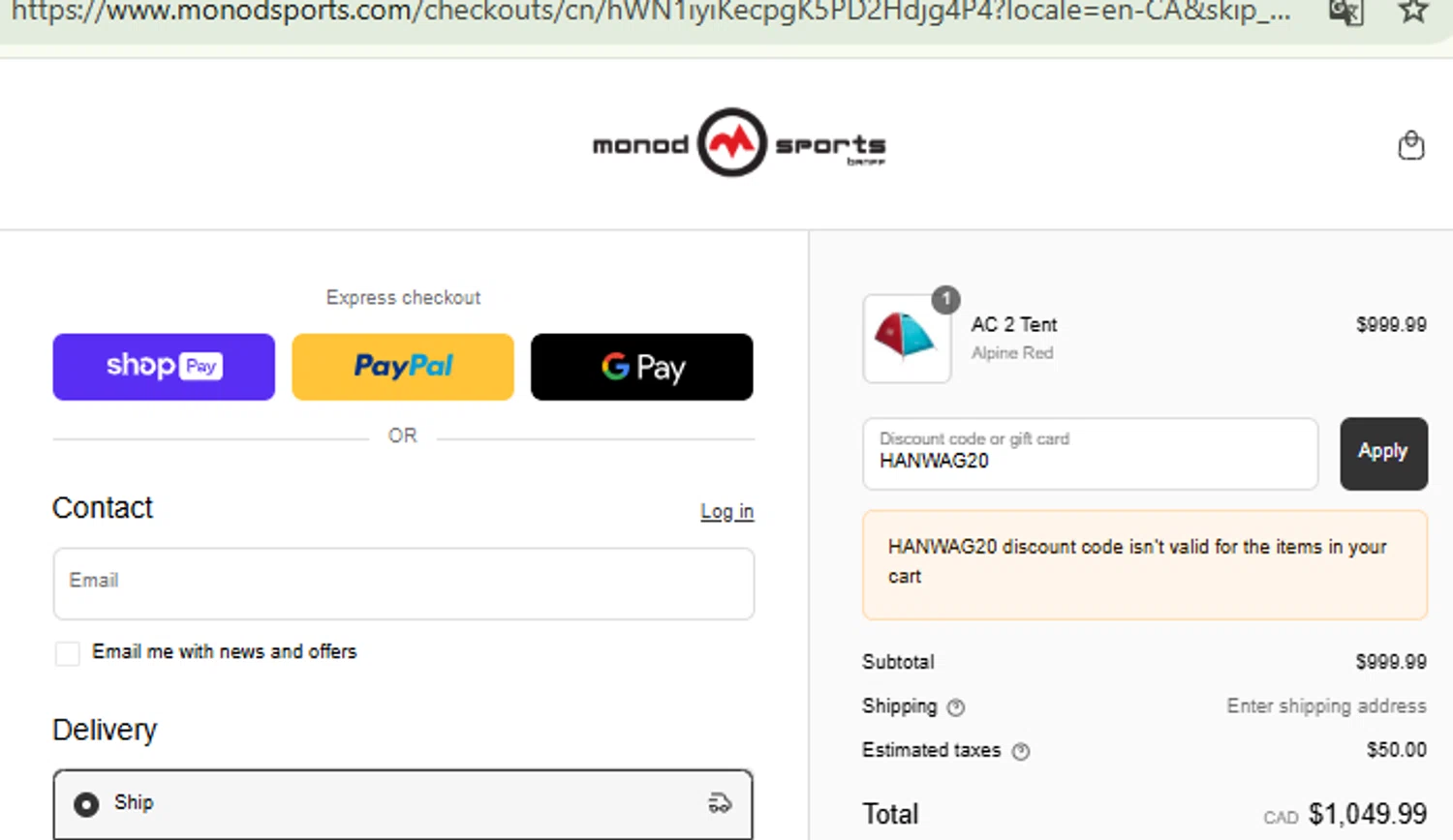 Monod Sports discount code screenshot showing code HANWAG20 applied at Monod Sports checkout page. Uploaded by SimplyCodes community member RewardFinder4836 on Aug 12, 2025