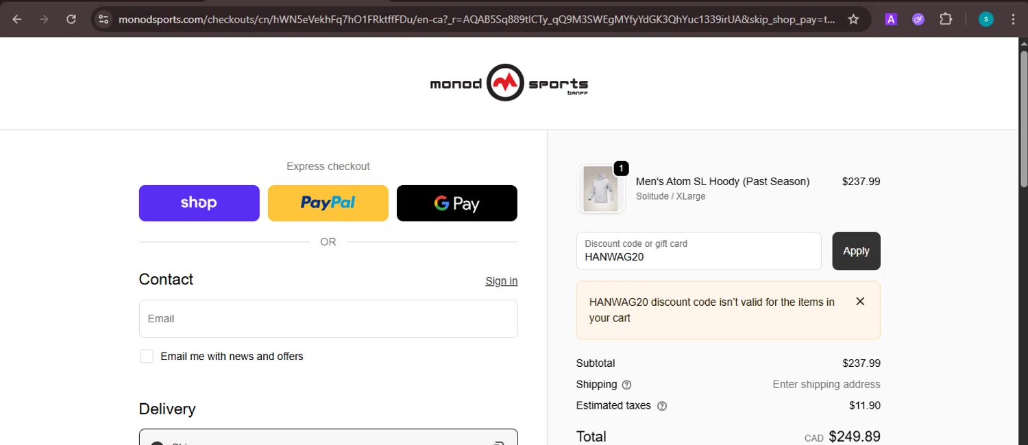 Monod Sports discount code screenshot showing code HANWAG20 applied at Monod Sports checkout page. Uploaded by SimplyCodes community member ValiantChaser7723 on Nov 24, 2025