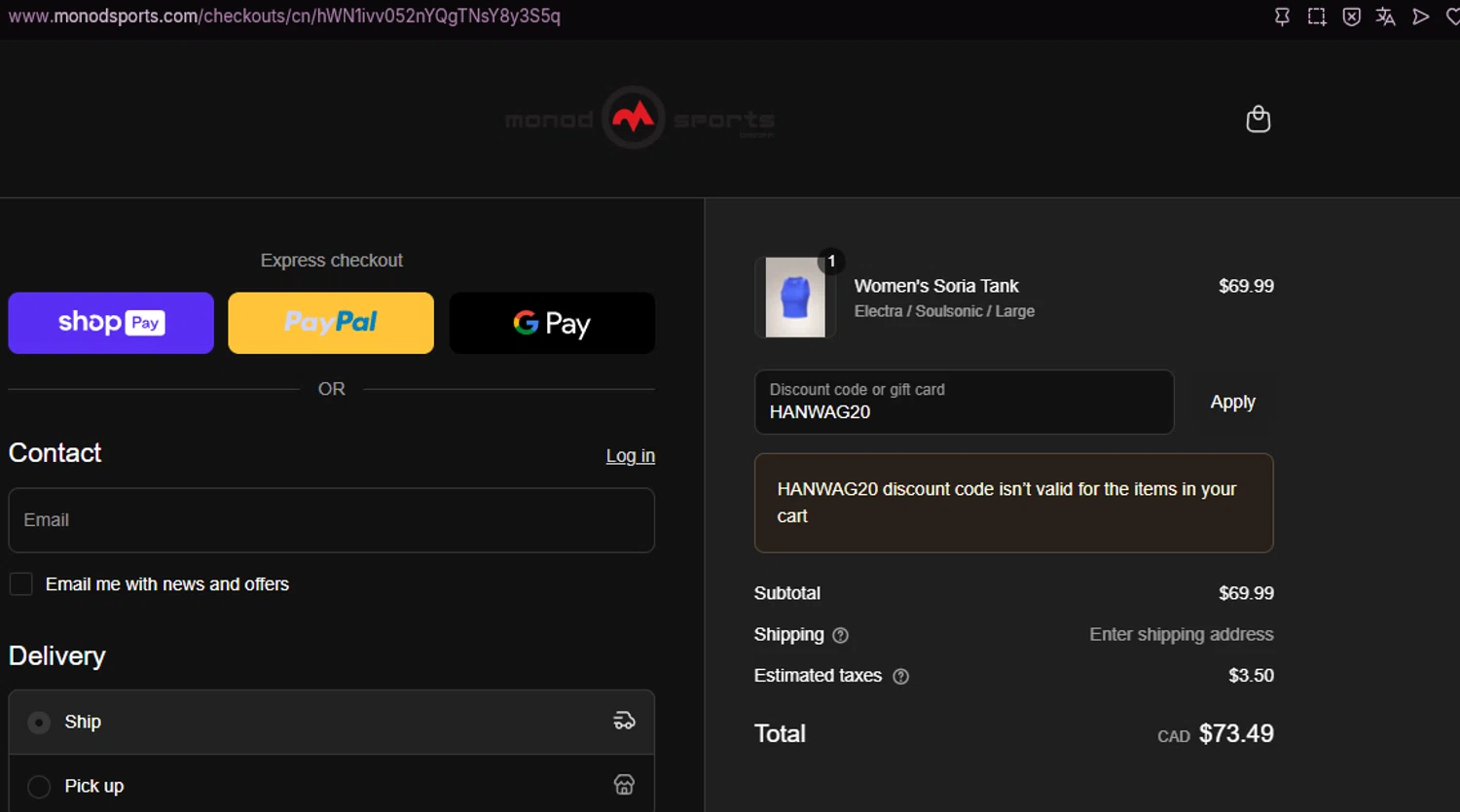 Monod Sports discount code screenshot showing code HANWAG20 applied at Monod Sports checkout page. Uploaded by SimplyCodes community member chepipi on Aug 12, 2025