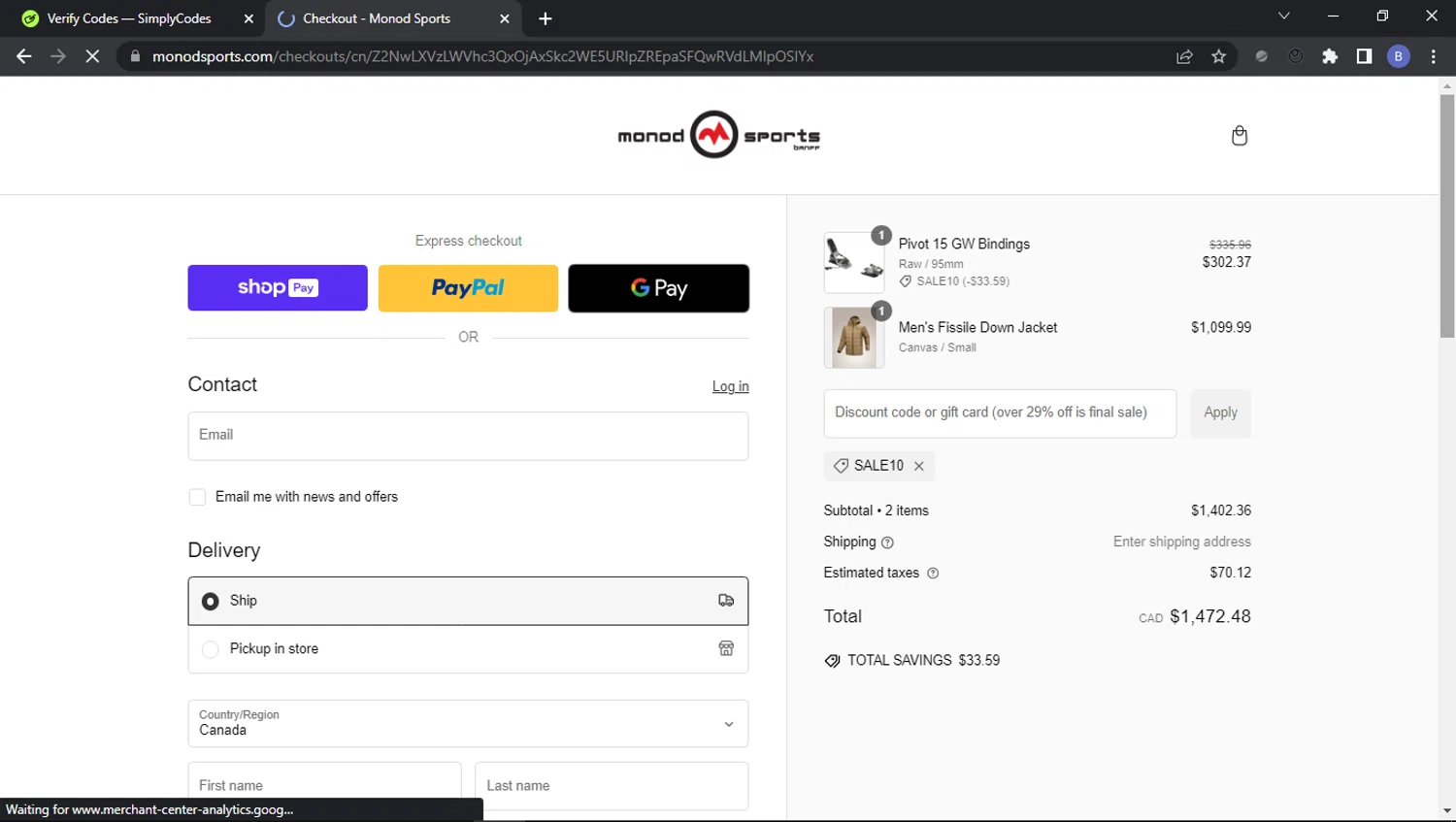 Monod Sports discount code screenshot showing code SALE10 applied at Monod Sports checkout page. Uploaded by SimplyCodes community member Userr2 on Dec 28, 2024
