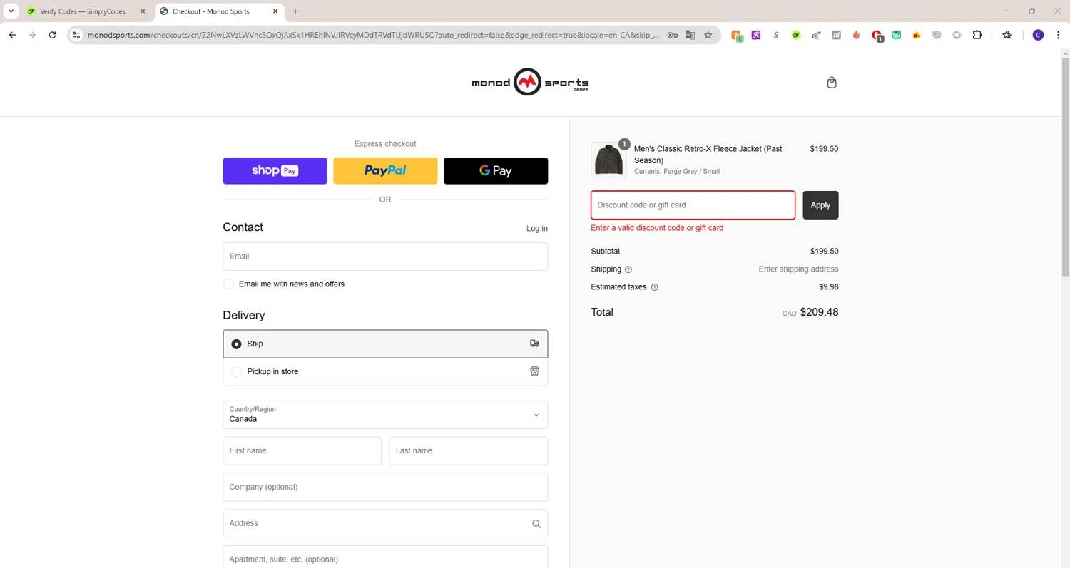 Monod Sports discount code screenshot showing code PASTSEASON applied at Monod Sports checkout page. Uploaded by SimplyCodes community member LAGUGU on Feb 20, 2025