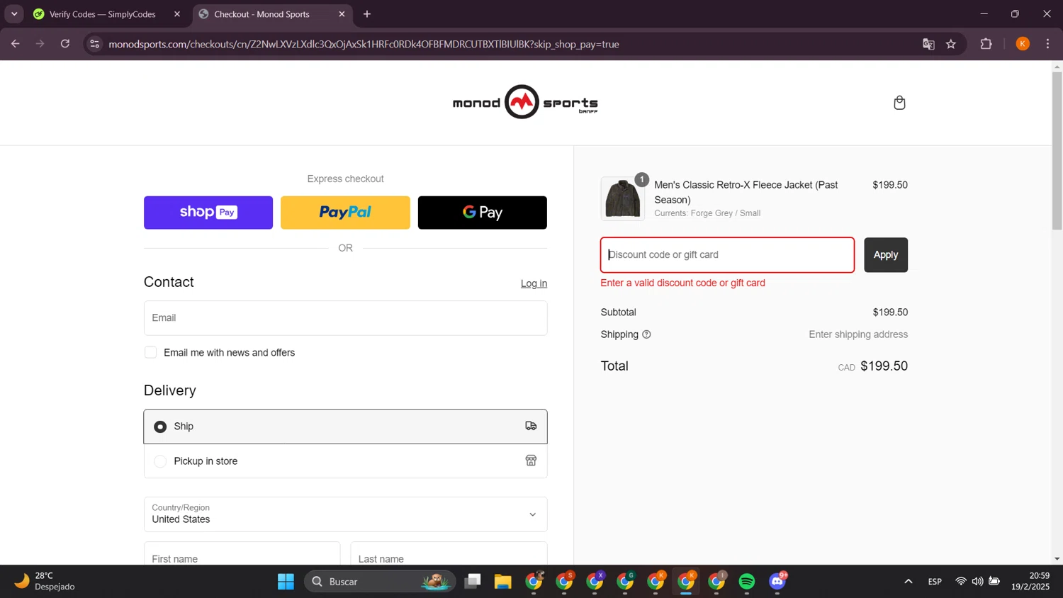 Monod Sports discount code screenshot showing code PASTSEASON applied at Monod Sports checkout page. Uploaded by SimplyCodes community member davidsalazar on Feb 20, 2025