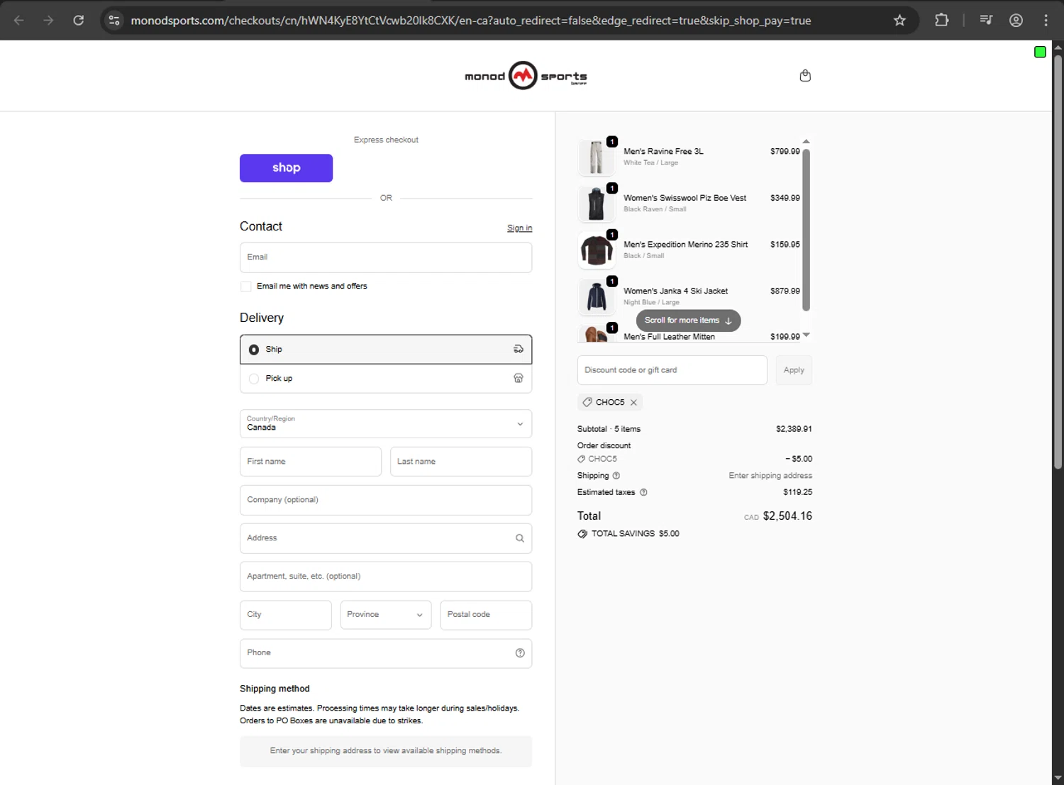 Monod Sports discount code screenshot showing code CHOC5 applied at Monod Sports checkout page. Uploaded by SimplyCodes community member Aljondris97 on Oct 20, 2025