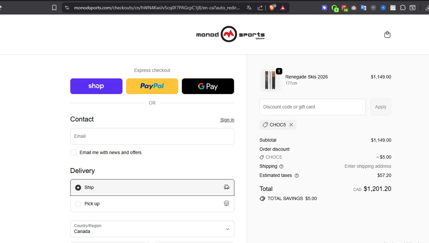 Monod Sports discount code screenshot showing code CHOC5 applied at Monod Sports checkout page. Uploaded by SimplyCodes community member Serdanvz on Oct 20, 2025
