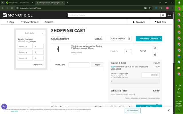 Monoprice checkout page showing Monoprice promo code box | Screenshot taken by SimplyCodes community member on Aug 26, 2025