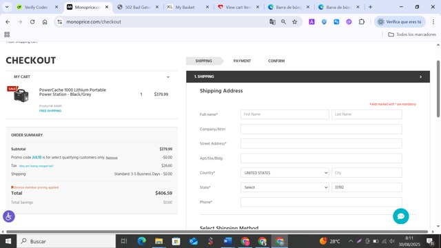 Monoprice checkout page showing Monoprice promo code box | Screenshot taken by SimplyCodes community member on Aug 30, 2025