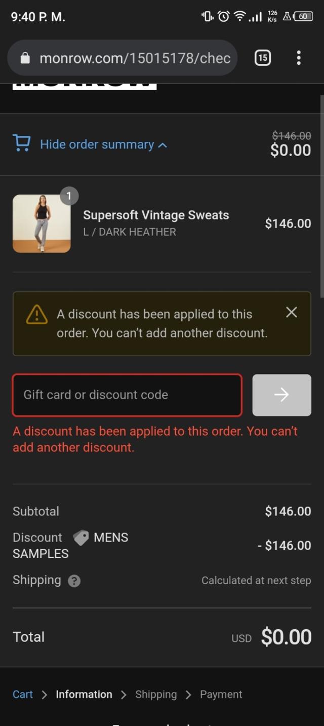 Monrow checkout page showing Monrow promo code box | Screenshot taken by SimplyCodes community member on Jul 19, 2023