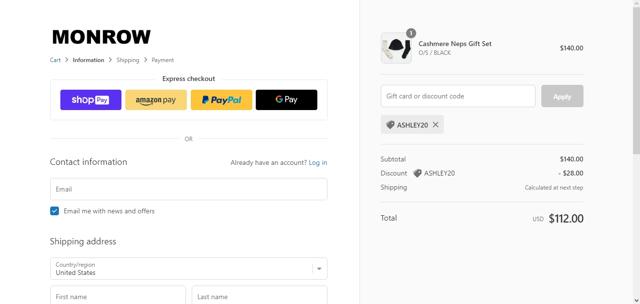 Monrow checkout page showing Monrow promo code box | Screenshot taken by SimplyCodes community member on Feb 18, 2023