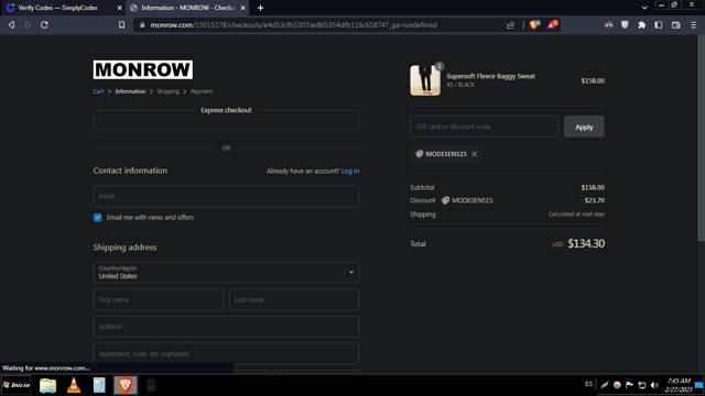 Monrow checkout page showing Monrow promo code box | Screenshot taken by SimplyCodes community member on Feb 27, 2023