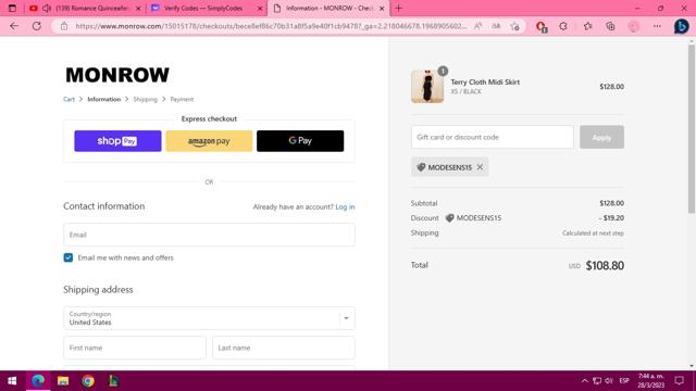 Monrow checkout page showing Monrow promo code box | Screenshot taken by SimplyCodes community member on Mar 28, 2023