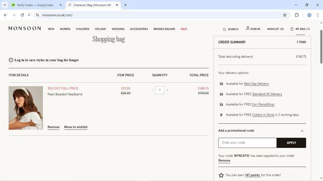 Monsoon UK checkout page showing Monsoon UK promo code box | Screenshot taken by SimplyCodes community member on Sep 12, 2025