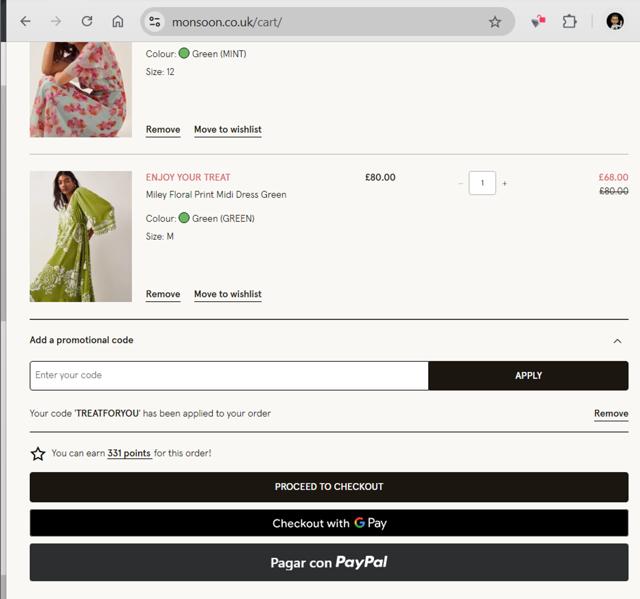 Monsoon UK checkout page showing Monsoon UK promo code box | Screenshot taken by SimplyCodes community member on Apr 29, 2025