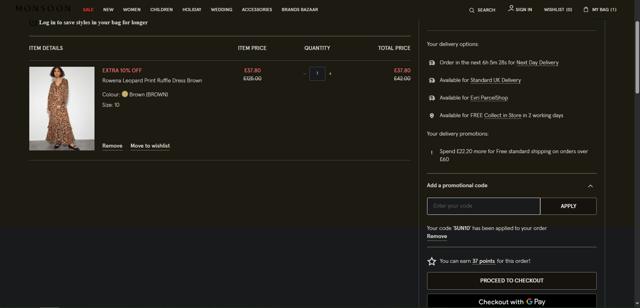 Monsoon UK checkout page showing Monsoon UK promo code box | Screenshot taken by SimplyCodes community member on Jul 25, 2025