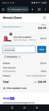 Monsta Chews coupon verification screenshot