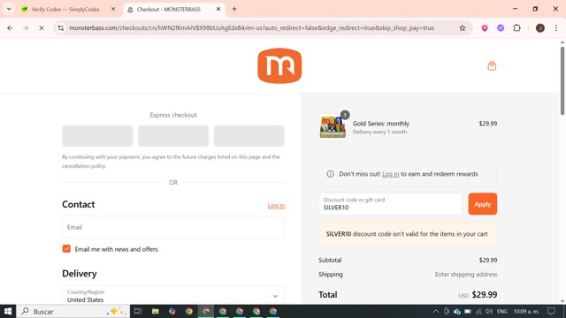 Monsterbass checkout page showing Monsterbass promo code box | Screenshot taken by SimplyCodes community member on Sep 6, 2025