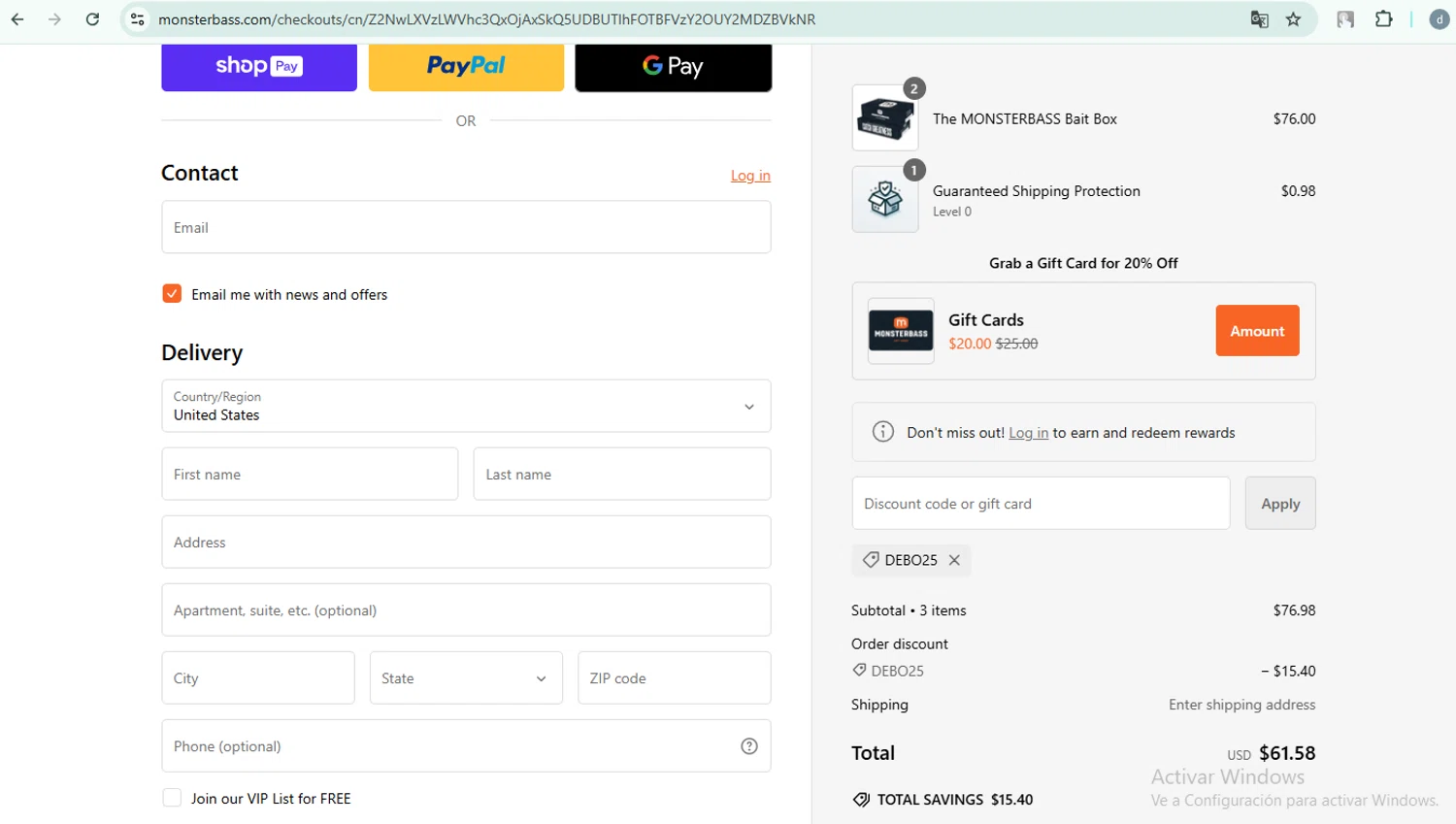 where to use Monsterbass promo code box