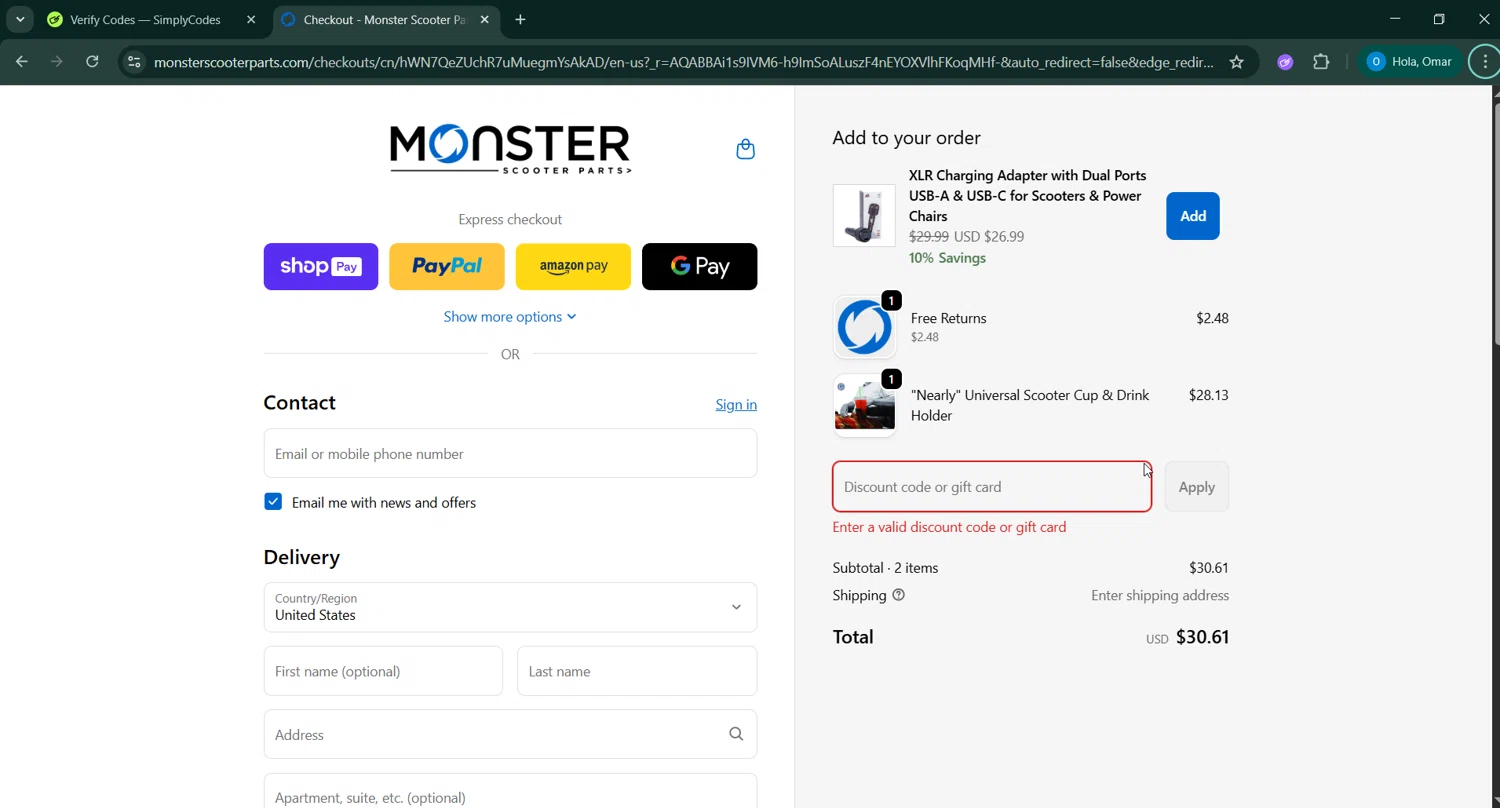 Monster Scooter Parts promo code screenshot showing code DEC10 applied at Monster Scooter Parts checkout page. Uploaded by SimplyCodes community member GoldChaser6627 on Jan 10, 2026