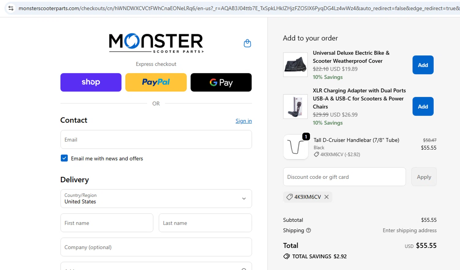 Monster Scooter Parts promo code screenshot showing code 4K9XM6CV applied at Monster Scooter Parts checkout page. Uploaded by SimplyCodes community member EMILIANOMASABE on Jun 19, 2026