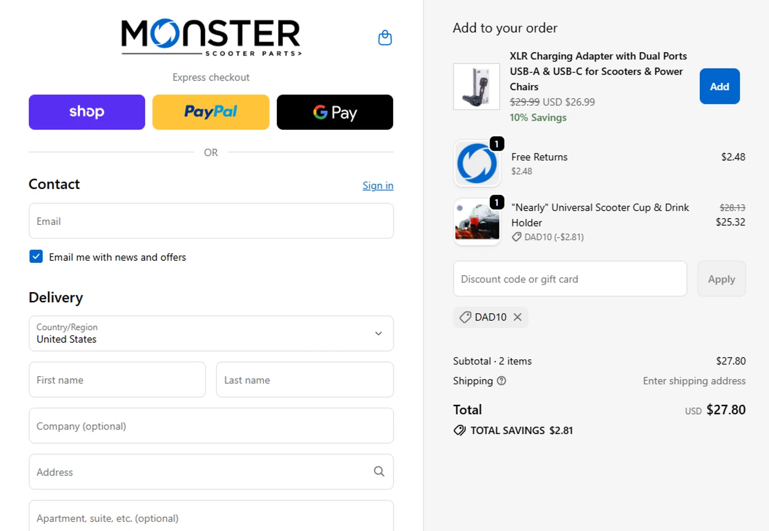 Monster Scooter Parts promo code screenshot showing code DAD10 applied at Monster Scooter Parts checkout page. Uploaded by SimplyCodes community member valeriaantonieta on Jun 19, 2026