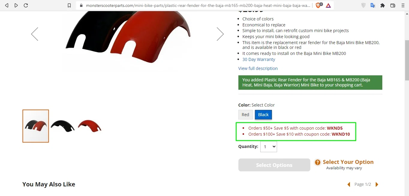 where to use Monster Scooter Parts promo code box