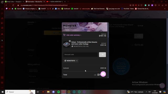 Monster Worldwide checkout page showing Monster Worldwide promo code box | Screenshot taken by SimplyCodes community member on Aug 21, 2024