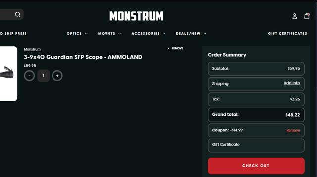 Monstrum Tactical checkout page showing Monstrum Tactical discount code box | Screenshot taken by SimplyCodes community member on Aug 28, 2025