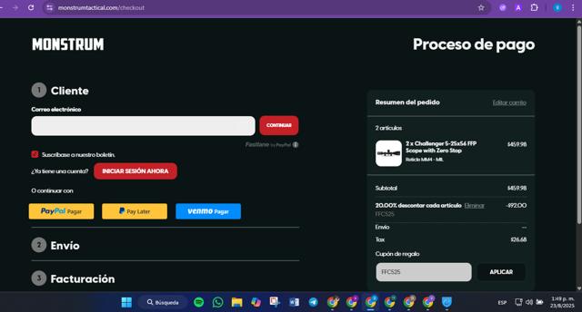 Monstrum Tactical checkout page showing Monstrum Tactical discount code box | Screenshot taken by SimplyCodes community member on Aug 23, 2025