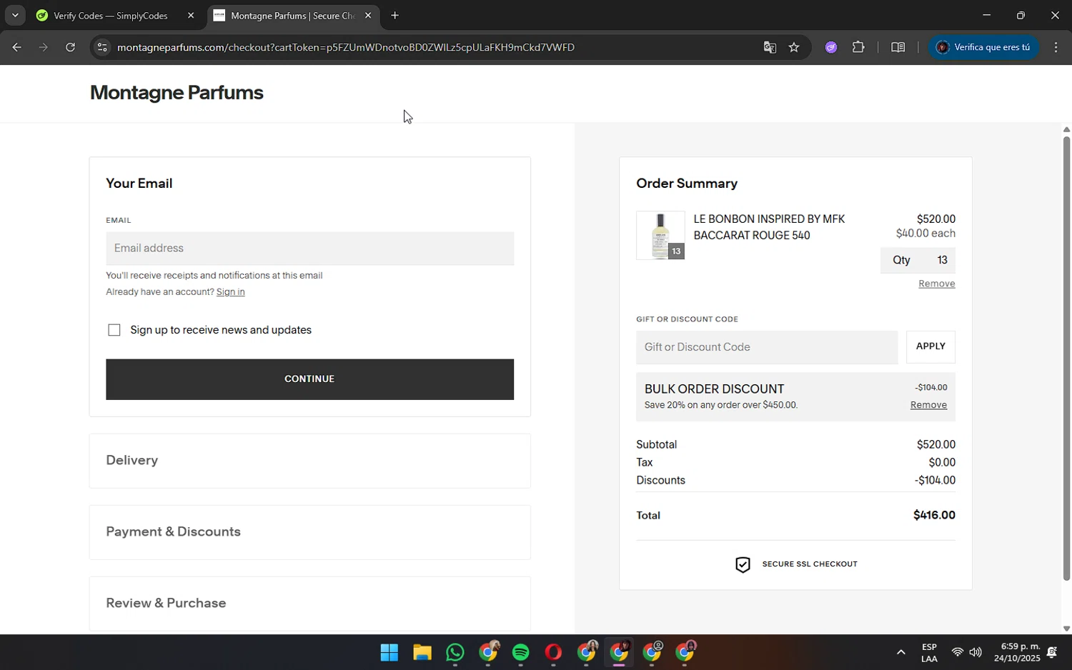 Montagne Parfums discount code screenshot showing code BULK20 applied at Montagne Parfums checkout page. Uploaded by SimplyCodes community member AshlyMichell on Oct 24, 2025