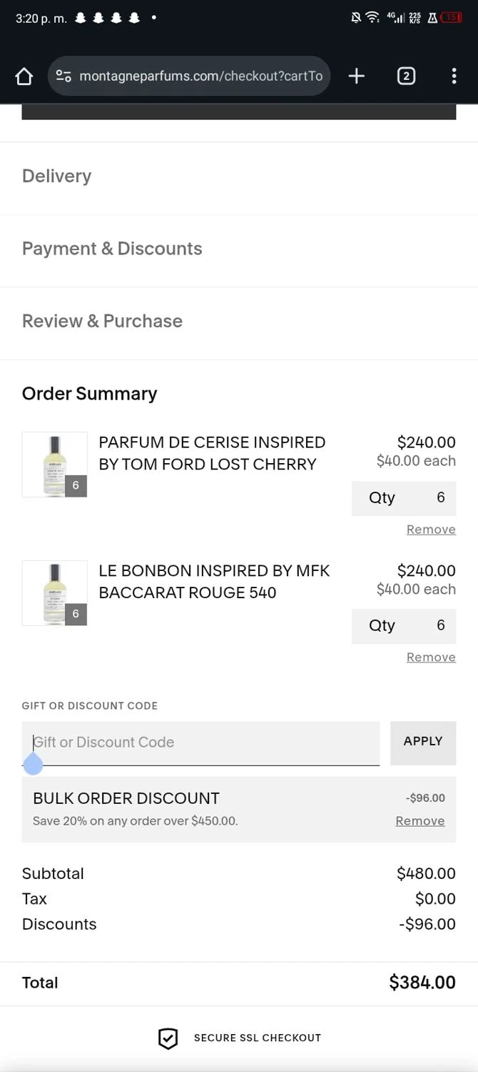 Montagne Parfums discount code screenshot showing code BULK20 applied at Montagne Parfums checkout page. Uploaded by SimplyCodes community member Nickurtdale on Nov 2, 2025