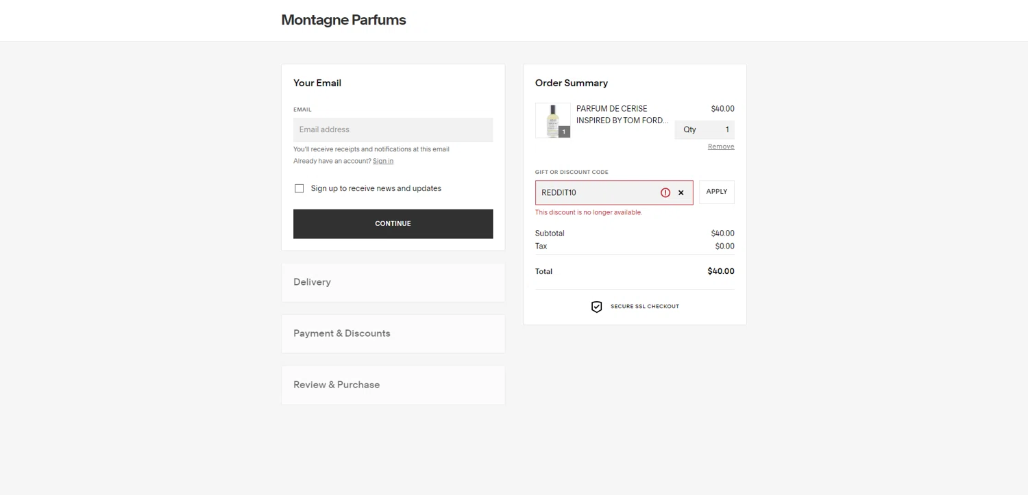 Montagne Parfums discount code screenshot showing code REDDIT10 applied at Montagne Parfums checkout page. Uploaded by SimplyCodes community member ValiantAce1810 on May 6, 2025