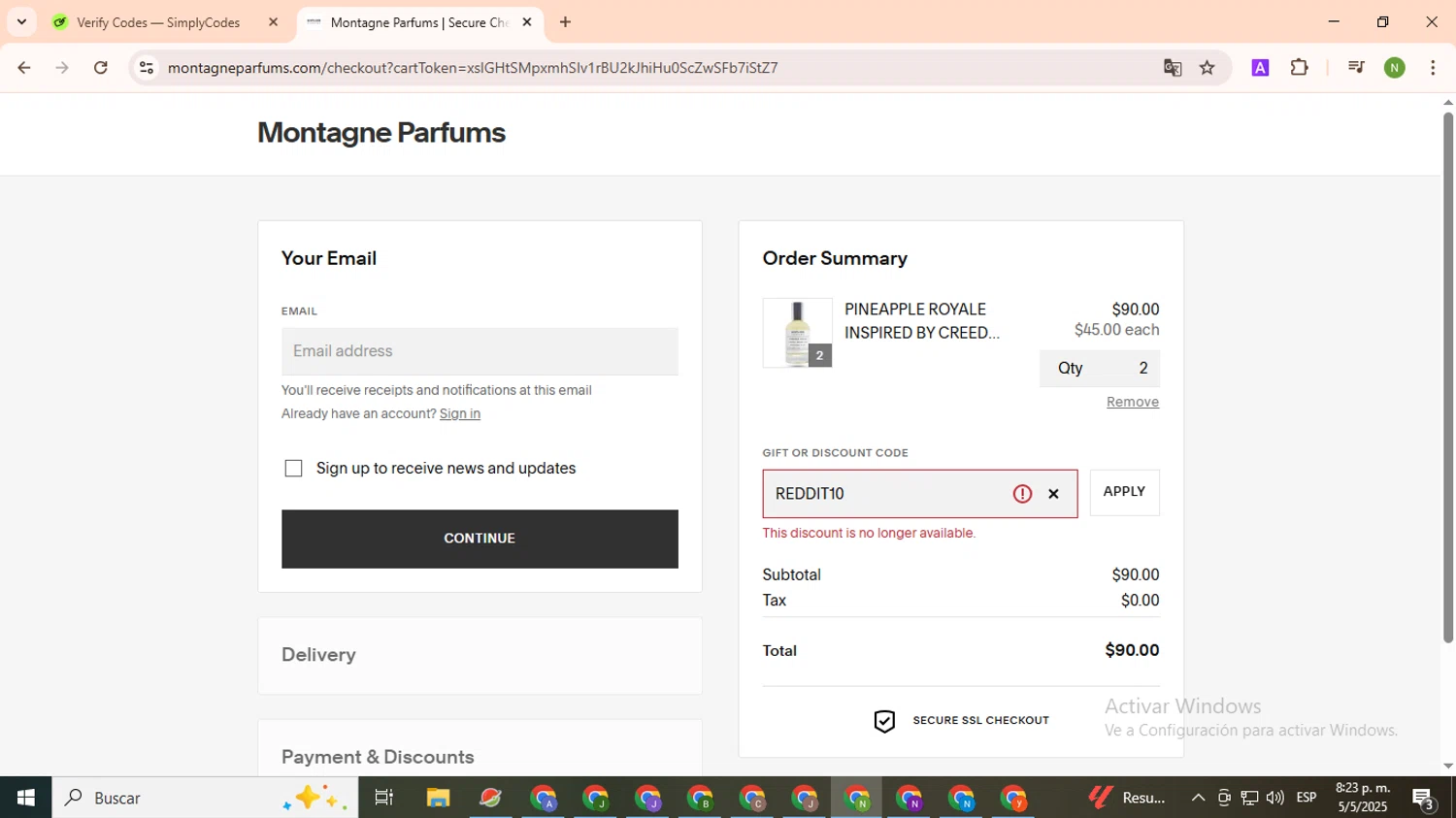 Montagne Parfums discount code screenshot showing code REDDIT10 applied at Montagne Parfums checkout page. Uploaded by SimplyCodes community member TokenMaverick6956 on May 6, 2025