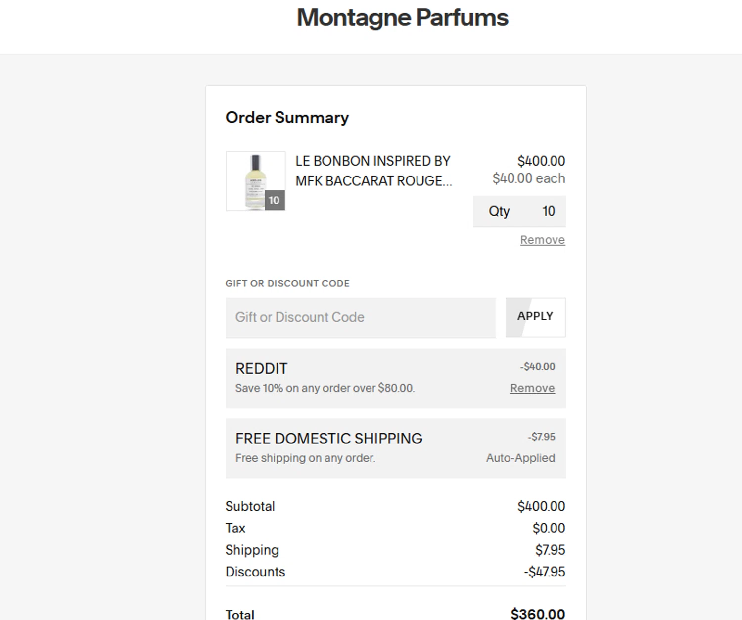 Montagne Parfums discount code screenshot showing code REDDIT10 applied at Montagne Parfums checkout page. Uploaded by SimplyCodes community member ashe1986 on Dec 28, 2025
