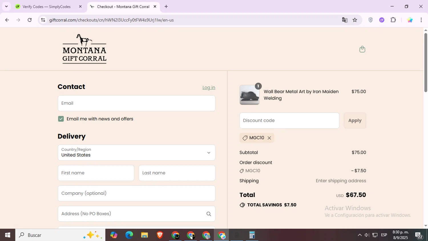 Montana Gift Corral discount code screenshot showing code MGC10 applied at Montana Gift Corral checkout page. Uploaded by SimplyCodes community member Estrellitacoairis on Sep 9, 2025
