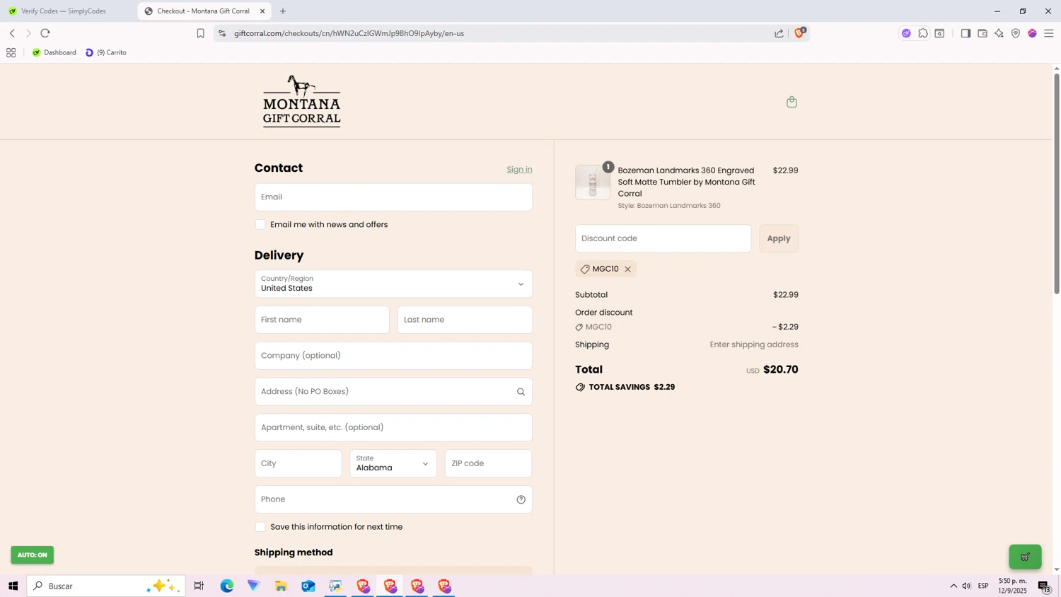 Montana Gift Corral discount code screenshot showing code MGC10 applied at Montana Gift Corral checkout page. Uploaded by SimplyCodes community member Nezukooo on Sep 12, 2025