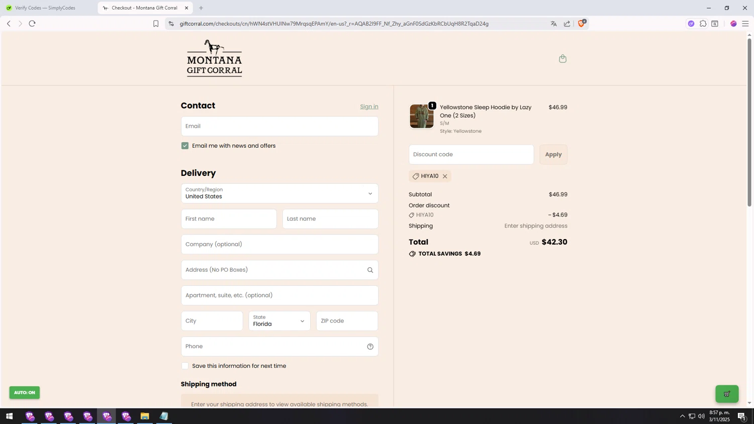 Montana Gift Corral discount code screenshot showing code HIYA10 applied at Montana Gift Corral checkout page. Uploaded by SimplyCodes community member CashSage1885 on Nov 4, 2025