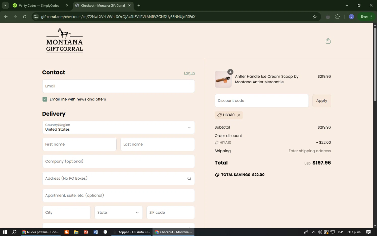 Montana Gift Corral discount code screenshot showing code HIYA10 applied at Montana Gift Corral checkout page. Uploaded by SimplyCodes community member Cr7aveiro on Apr 9, 2025