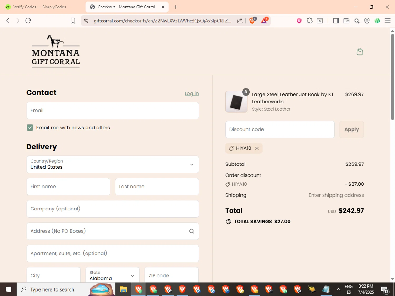 Montana Gift Corral discount code screenshot showing code HIYA10 applied at Montana Gift Corral checkout page. Uploaded by SimplyCodes community member SwiftMaverick5973 on Jul 4, 2025